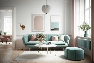 a modern, danish, bright living room interior design in pastel colors with a framed print mockup