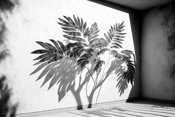 leafy palms Black and white, monochrome, abstract gray shadow background on white concrete wall texture. Generative AI