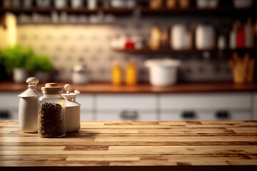 Obraz na płótnie Canvas Wood table top with a background of a kitchen room in blur. for montage product presentation or essential visual layout design. Generative AI