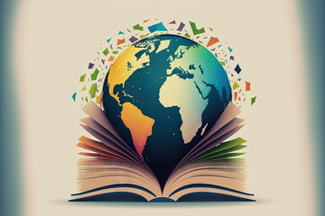 Illustration of the International Day of Education theme. Globe of the world or the earth, spherical and isolated on book pages. Generative AI