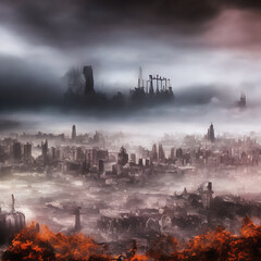 Abstract fictional scary dark wasteland city background pending doom