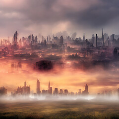 Fototapeta premium Abstract fictional scary dark wasteland city background large cityscape