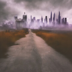 Abstract fictional scary dark wasteland city background road leading to abandoned city