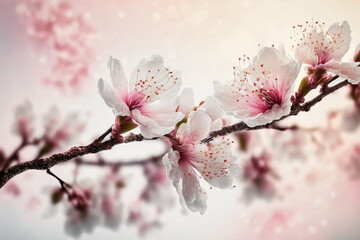 Beautiful cherry blossoms in the springtime on a background of white and pastel pink. narrow depth of field width of the header. Generative AI