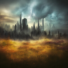 Abstract fictional scary dark wasteland city background tall cityscape