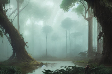 misty morning in the forest illustration 