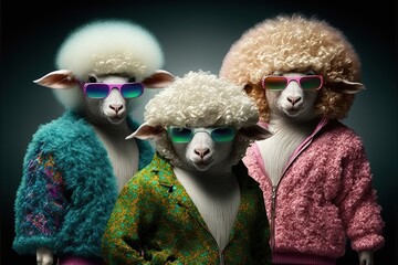 Created with Generative AI technology. Creative happy sheep animal in disco clothes dancing on the party.