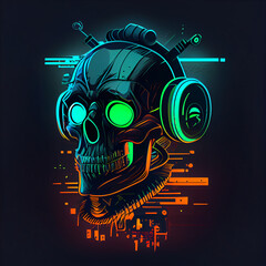 neon futuristic skull with headphones illustration