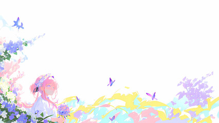 Obraz na płótnie Canvas Una hermosa joven parada en un campo de flores y mariposas, IA Generativa