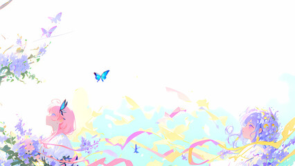 Una hermosa joven parada en un campo de flores y mariposas, IA Generativa - obrazy, fototapety, plakaty