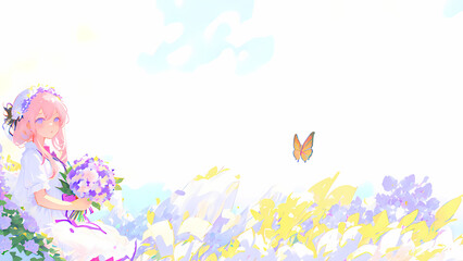 Una hermosa joven parada en un campo de flores y mariposas, IA Generativa