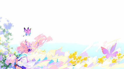 Obraz na płótnie Canvas Una hermosa joven parada en un campo de flores y mariposas, IA Generativa