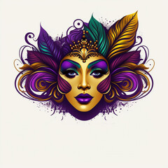 Fototapeta na wymiar Mardi Gras Mask Illustration, Woman's Face Logo, Colorful Mask, Watercolor. Generative AI