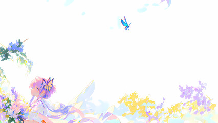 Naklejka na ściany i meble Una hermosa joven parada en un campo de flores y mariposas, IA Generativa