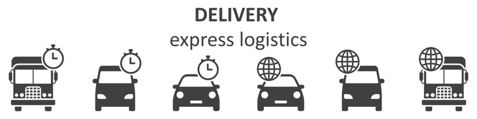 Car logo delivery, set. Logistic symbol, fast relocation services, distribution. Cargo delivery company. Vector illustration.