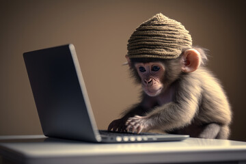 Cute baby monkey in brown hat is working on laptop.  - obrazy, fototapety, plakaty