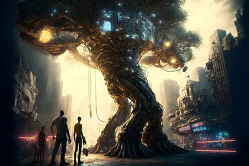 Fototapeta na wymiar A cybernetic giant tree made out of electronic garbage futuristic city very accurate details ultra realistic proportional limbs fullbody shot ultra wideangle shot panoramic 120 mm lens 