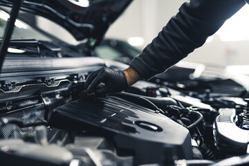 Sports car engine cleaning process. Hand in protective glove cleaning the engine of a car. Car...