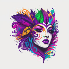 Mardi Gras Mask Illustration, Woman's Face Logo, Colorful Mask, Watercolor. Generative AI