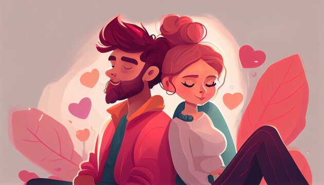 Beard guy and a cute long hair girl sit together with love, Generative Ai
