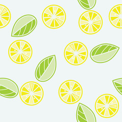 Lemon slices and leaves, cartoon vector seamless pattern