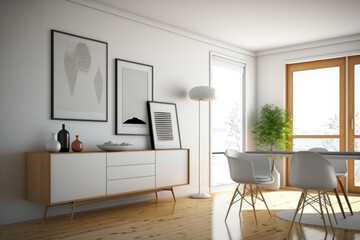 Corner view of a light living room with a white wall, a large window, a sideboard containing dishes, and a hardwood floor. minimalist design principle. Site of the meeting. Generative AI