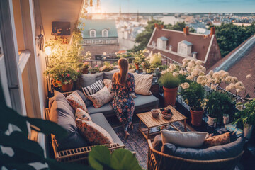 Girl standing on a big balcony with lots of flowers and cosy furniture looking into the sunset of the city, generative ai - obrazy, fototapety, plakaty