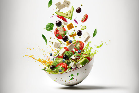Greek salad fresh components dropping into bowl against white background. Generative AI