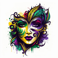 Fototapeta na wymiar Mardi Gras Mask Illustration, Woman's Face Logo, Colorful Mask, Watercolor. Generative AI