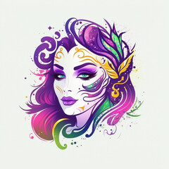 Fototapeta premium Mardi Gras Mask Illustration, Woman's Face Logo, Colorful Mask, Watercolor. Generative AI