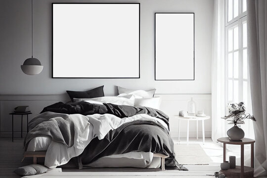 Mockup of blank photo frames hanging on the wall of a minimalist coastal bedroom with a cozy bed with pillows, simple side tables | Generative Ai | interior design | Black, white and grey theme