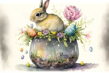 Easter bunny sitting on a glass aquarium. Watercolors. Generative AI