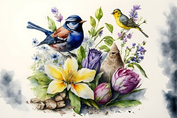 Birds resting on the flowers. Spring, watercolors. Generative AI
