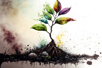 Spring tree in rainbow colors growing on rocks. Generative AI