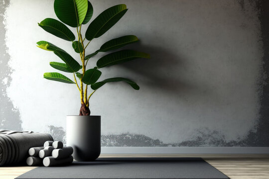 the interior of the studio room for yoga, a rubber mat and a plant zamioculcas on the wooden floor against the background of a gray concrete wall. minimal style. banner. space for text. Generative AI