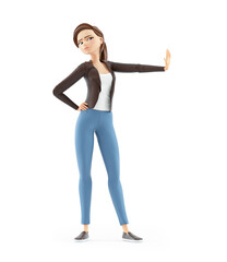 3d cartoon woman stop gesture with hand
