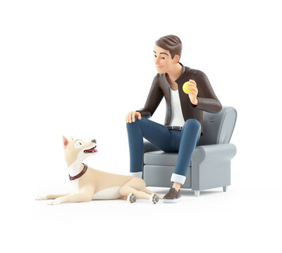 3d cartoon man ready to play with his dog