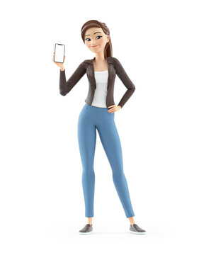 3d cartoon woman showing her smartphone