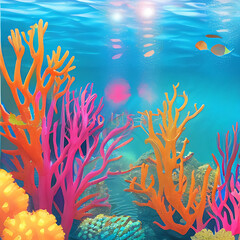 Fototapeta na wymiar Underwater tropical magical paradise colorful plants cartoon style