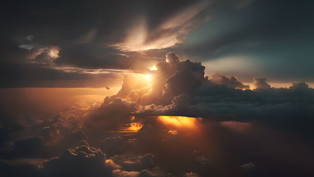 Flying above dramatic sunset cloudscape with sun shining through, detailed picturesque cockpits view of beautiful clouds.