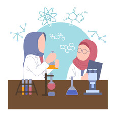 Two Muslim girls, dressed in their traditional attire, are holding science kits, showcasing their interest and passion for science