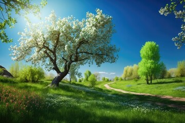 Fototapeta na wymiar Beautiful spring background nature with blooming glade, trees, and blue sky on a sunny day. Ai Generative.