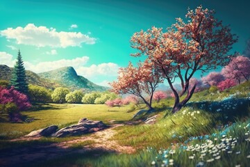Beautiful spring background nature with blooming glade, trees, and blue sky on a sunny day. Ai Generative.