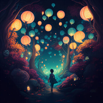 Kid walks through a dream-like forest filled with floating lanterns