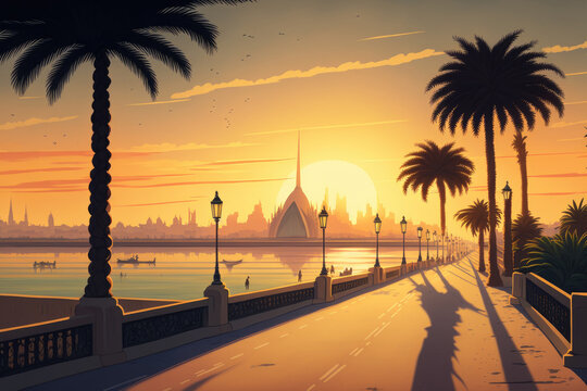 Saudi Arabia's Dammam Al Khobar Corniche offers stunning sunrise views. Generative AI