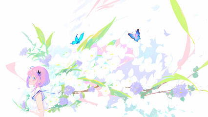 Obraz na płótnie Canvas Una Joven Bella con Flores y Mariposas Mirando al Horizonte, IA Generativa