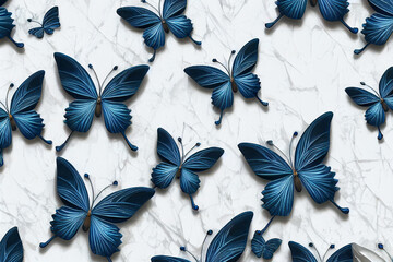 several blue butterflies on marble background made with Generative AI