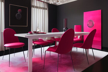 dining room with magenta colored chairs, magenta colored painting leaning against black wall for contrast, interior decoration made with Generative AI