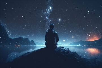 man watching the stars at night, vast sky, generative ai
