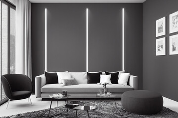 elegant living room with three light strips behind sofa, interior decoration made with Generative AI